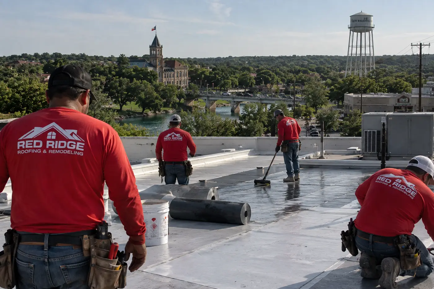Red Ridge crew in branded shirts installing a commercial membrane roof