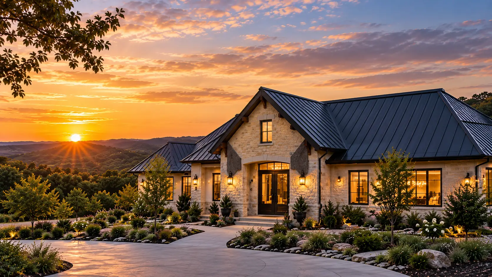 Hill Country stone home with a dark standing seam metal roof at sunset