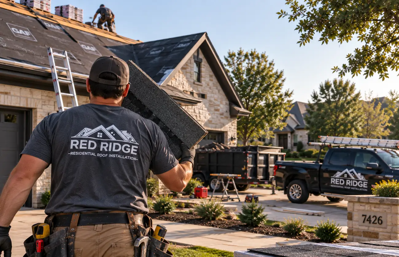 Red Ridge roofer carrying shingles past the Red Ridge truck on a residential job