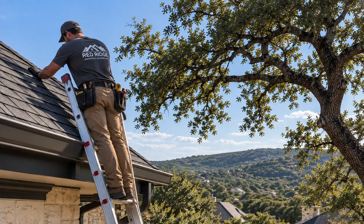 Red Ridge roofer on a ladder repairing a roof edge with Hill Country views behind
