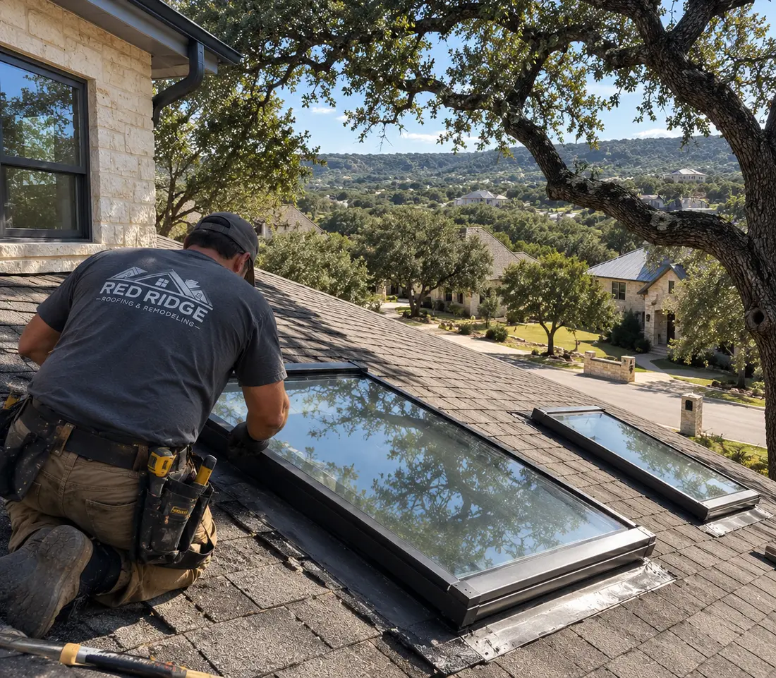 Red Ridge roofer sealing a new skylight on a shingle roof