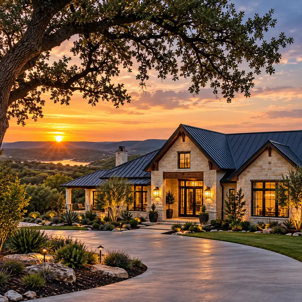 Stone ranch home with a metal roof overlooking the Texas Hill Country